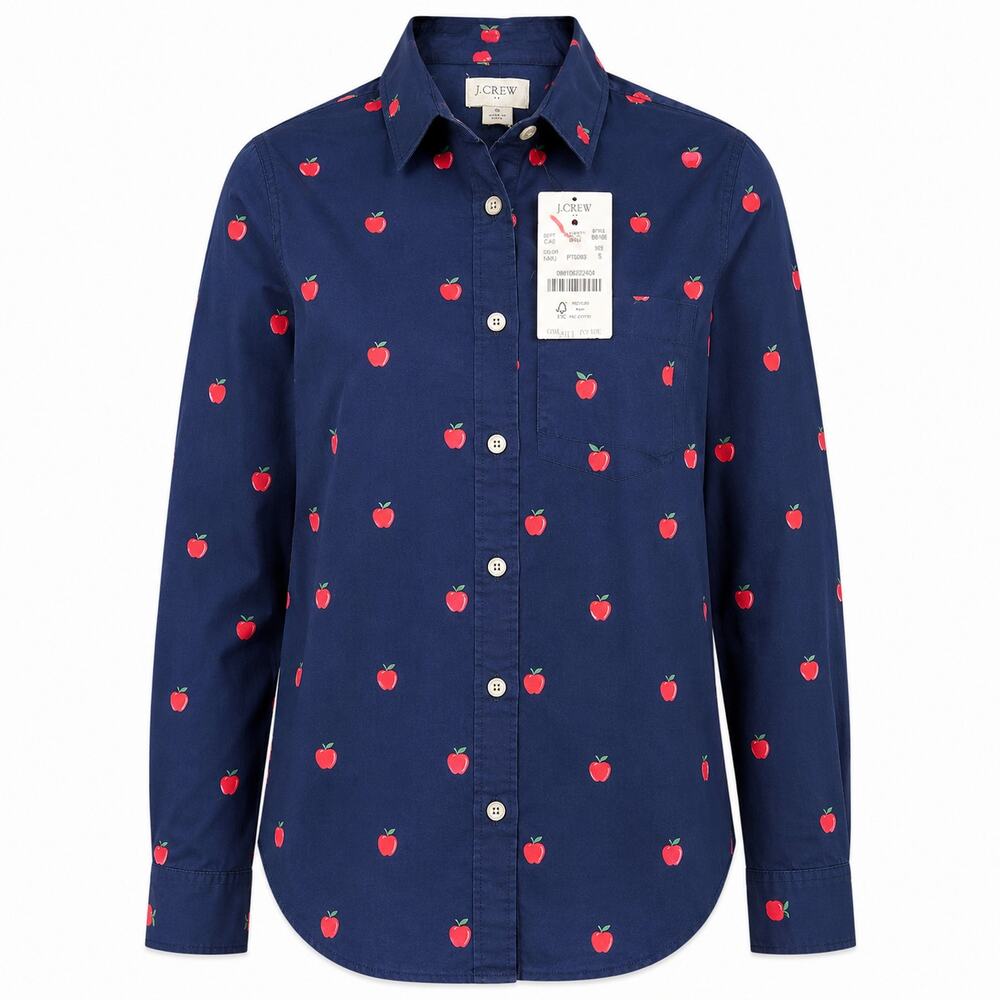 J.Crew Apple Print Button Up Shirt Womens Small Navy Blue Long Sleeve Cotton NWT